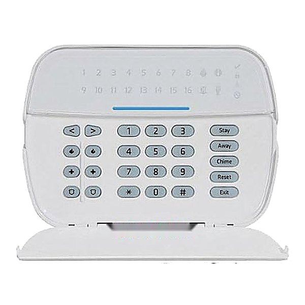 DSC NEO HS2LEDE1 LED-es kezelőegység, jobb szélén Stay, Away, Chime, Reset és Exit feliratú gombokkal
