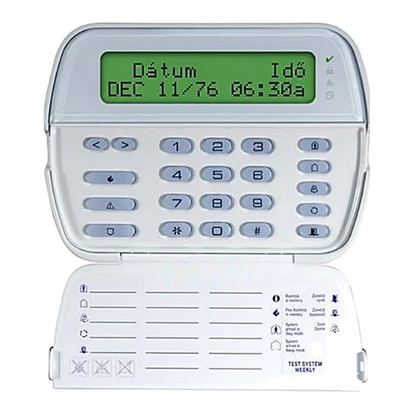DSC PowerSeries PK5500 szöveges LCD kezelőegység, a kijelzőn két sor magyar szöveggel