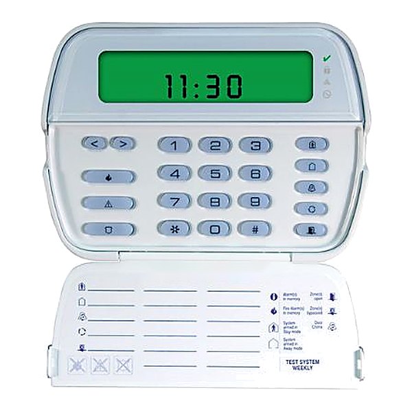 DSC PowerSeries PK5501 ikonos LCD kezelőegység, a kijelzőn nagy méretű óra