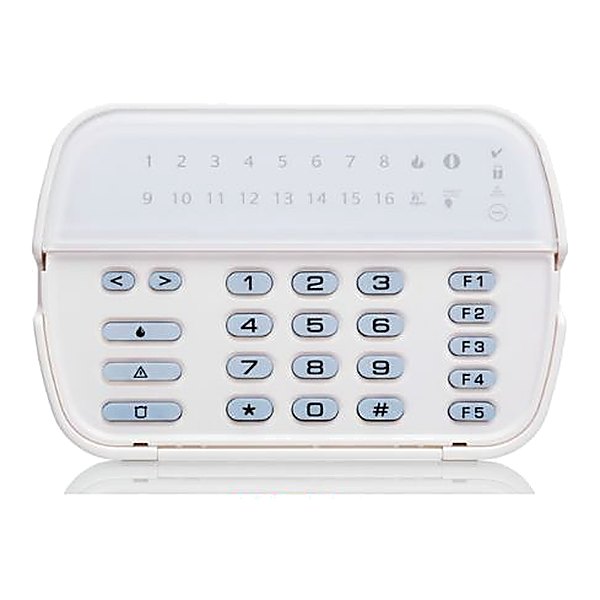 DSC PowerSeries PK5516 LED-es kezelőegység, felül 1–16 zónaszámmal, jobb szélén F1–F5 gombokkal