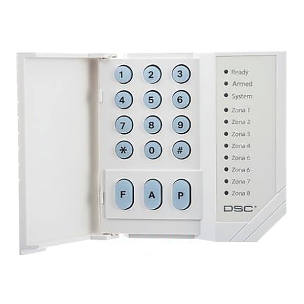 DSC PC1555RKZ LED-es kezelőegység, nyitott ajtóval, jobb oldalon Ready–Armed–System és Zóna 1–8 feliratú LED-sorral
